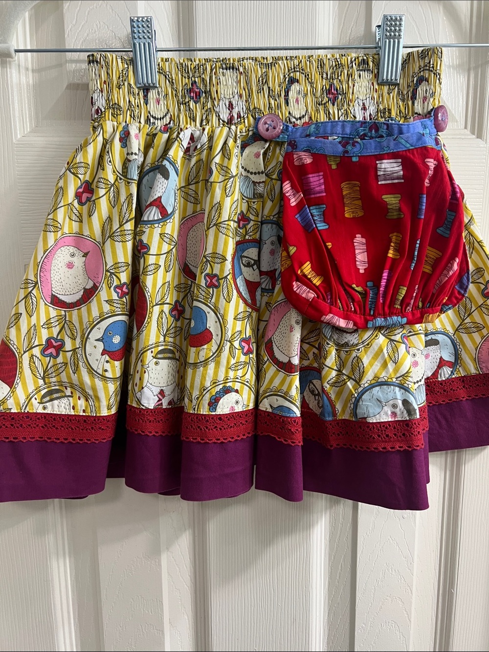 Matilda Jane Yellow Multi-Print Cotton Skirt with Red Pocket and Purple Trim